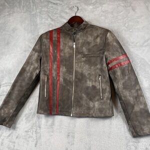 Edikted XS Faux Leather Moto Jacket Gray Red Stripes Zip Pockets Women Biker